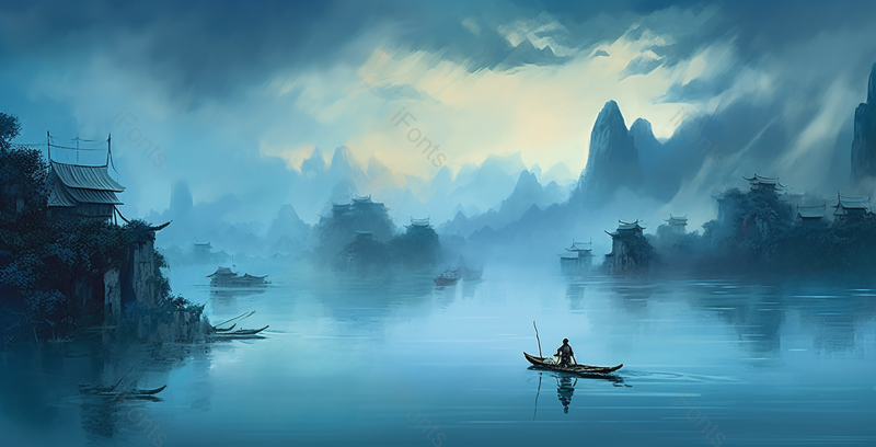 蓝色山川湖泊景色自然意境中国山水国风水墨画背景,插画/手绘图,插画/手绘图库,插画/手绘图下载,插画/手绘